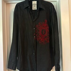 Black Casual Button Down Shirt with Red Velvet Crest